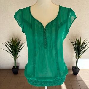 Maurices Green Sheer Blouse with Button Front and Elastic Size Small